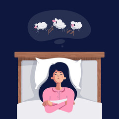 Insomnia concept. Cute young woman counting sheep. Sleepless girl lying in bed with open eyes, trying to fall asleep. Insomnia, sleep disorder vector illustration. Female character, flat cartoon style