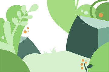 light green background. plants, rocks, and berries. summer clearing in the forest. vector flat illustration