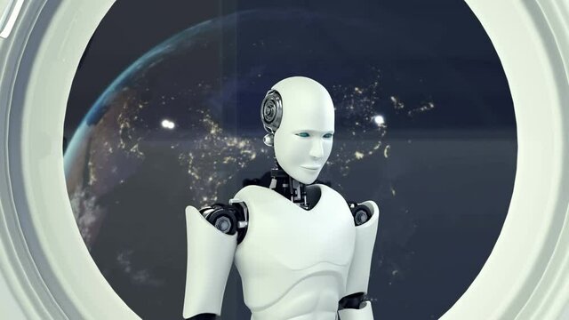 Futuristic robot, artificial intelligence CGI inside spaceship in space universe overlooking planet earth outside the space shuttle window . Robotic man 3D render animation .