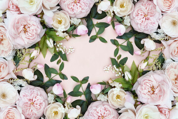 Delicate blossoming rose flowers, blooming pastel festive frame background, soft pink bouquet floral card, toned	