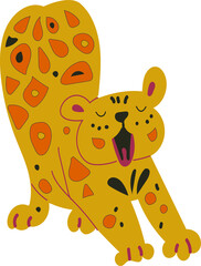 a small leopard child yawns. sleepy african animal. cute cat stretches himself. colorful bright vector flat illustration. cartoon simple cute animal  on white background
