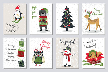 Set of modern hand drawn christmas gretting cards animals and other isolated elements. Vector illustration.