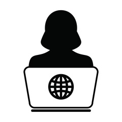 User icon vector working from home with laptop computer female Person profile avatar and globe symbol for business and finance in a flat color glyph pictogram illustration