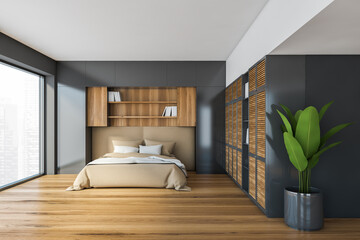 Stylish gray and wooden bedroom interior with plant