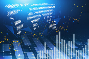 World map hologram and graphs over blue background