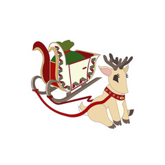 Reindeer sitting in front of Christmas sleigh made in Cartoon style, vector illustration on white isolated background for postcards, prints, patterns and emblems, concept of Xmas, Holiday, New Year.