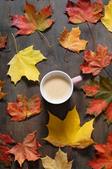 Autumn mood flat lay. Cup of coffee with maple leaves on dark wooden background. Autumn holidays, family celebration, thanksgiving day, home weekend, warming drink.