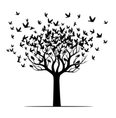 Shape of Tree, wind and black birds. Vector outline Illustration. Plant in Garden.