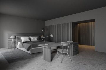 Stylish gray and wooden bedroom corner with home office and door
