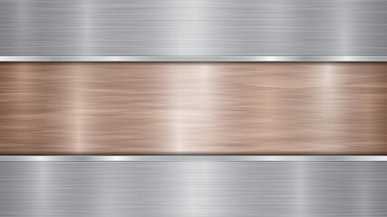 Background consisting of a bronze shiny metallic surface and two horizontal polished silver plates located above and below, with a metal texture, glares and burnished edges