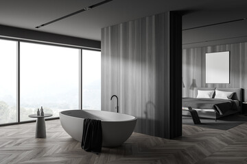 Fototapeta na wymiar Stylish gray and wooden bathroom and bedroom corner