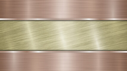 Background consisting of a golden shiny metallic surface and two horizontal polished bronze plates located above and below, with a metal texture, glares and burnished edges
