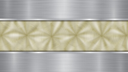 Background consisting of a golden shiny metallic surface and two horizontal polished silver plates located above and below, with a metal texture, glares and burnished edges