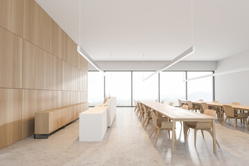 Modern white and wooden restaurant interior, side view