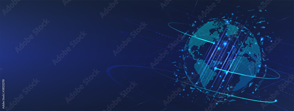 Aufkleber Futuristic Earth Globe hologram. Map of the planet in digital style. World map with global social network. Future concept. Blue futuristic background with planet Earth created. Vector tech Earth Globe