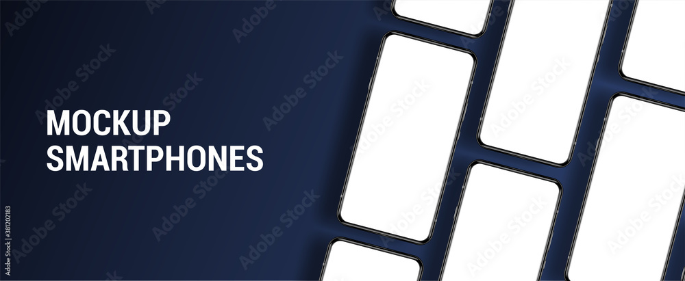 Poster webpage template with smartphones in frontal position. 3d realistic mobiles phones mockup for presen