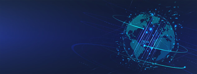 Futuristic Earth Globe hologram. Map of the planet in digital style. World map with global social network. Future concept. Blue futuristic background with planet Earth created. Vector tech Earth Globe © SergeyBitos