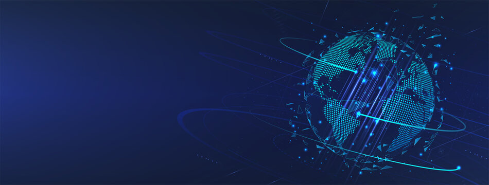 Futuristic Earth Globe hologram. Map of the planet in digital style. World map with global social network. Future concept. Blue futuristic background with planet Earth created. Vector tech Earth Globe