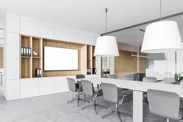 Modern white and wooden meeting room corner with poster