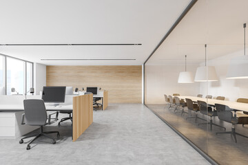 Modern white and wooden open space office and meeting room