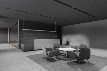 Stylish gray and wooden office waiting room corner with gray armchairs