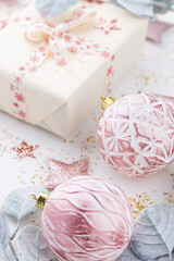 New Year celebration and Christmas background, Christmas decorations top view.