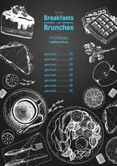 Brunch and breakfast top view frame. Food menu design. Vintage hand drawn sketch vector illustration