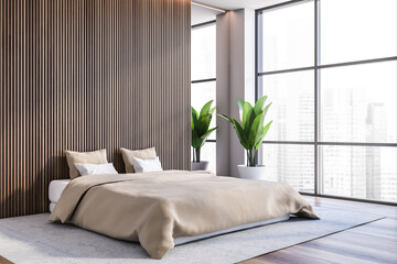 Modern white and dark wooden master bedroom corner