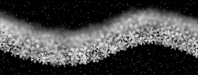 Christmas background of snowflakes of different shape, blur and transparency, wave shaped, on black background