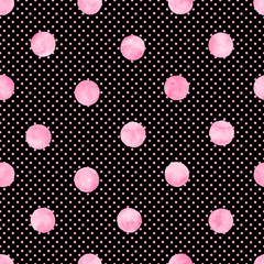 Polka dot watercolor seamless pattern. Abstract watercolour texture with pink color circles on black background.