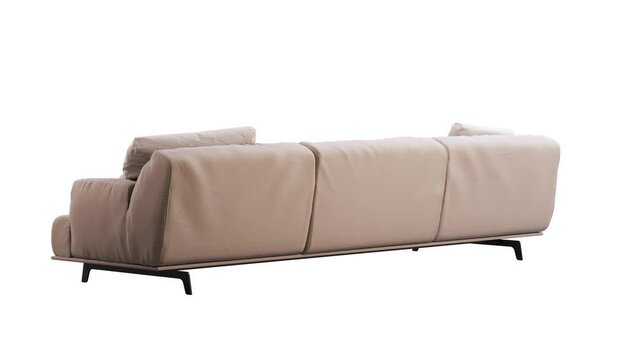 Circular animation of modern beige fabric sofa. Textile upholstery sofa with pillows on white background. Mid-century, Modern, Loft, Chalet, Scandinavian interior. Turntable 3d render