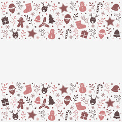 Christmas greeting card with copyspace. Xmas background with decorative icons. Vector