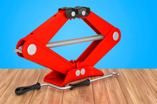 Blue scissor jack, car lifter on the wooden table, 3D rendering