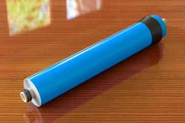 Cartridge membrane for water filtration RO (reverse osmosis) on the wooden table, 3D rendering