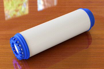 Reverse Osmosis Replacement Filter on the wooden table, 3D rendering