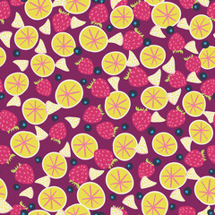Colorful fruit salad seamless vector pattern in pink and yellow. Vibrant summertime food surface print design for fabrics, stationery, scrapbook paper, textiles, gift wrap, and packaging.