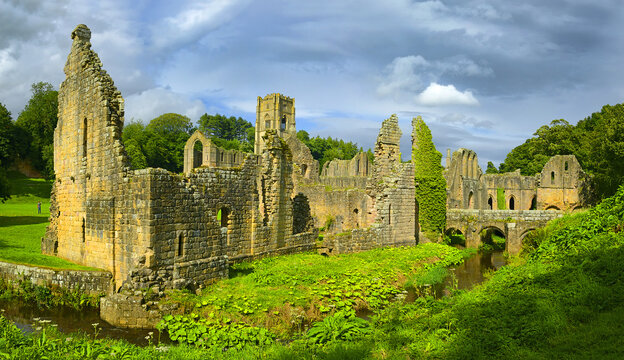 England, North Yorkshire, Ripon. Fountains Abbey, Studley Royal - UNESCO World Heritage Site. Grounds, garden buildings and trees of Water Park.