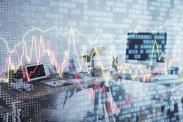 Fototapeta premium Multi exposure of stock market chart drawing and office interior background. Concept of financial analysis.