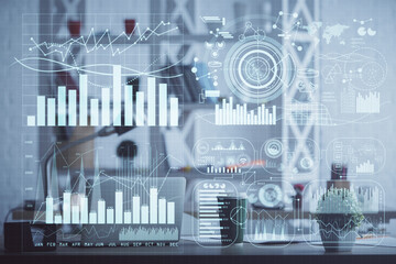 Double exposure of stock market graph drawing and office interior background. Concept of financial analysis.