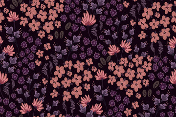 Simple seamless pattern. Free composition of their small flowers and various leaves. Pastel colors, shades of purple and pink. Dark background.