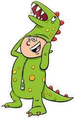 boy in dinosaur costume at Halloween party cartoon illustration