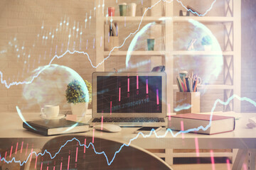 Double exposure of financial graph drawing and office interior background. Concept of stock market.