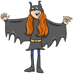 girl in superhero costume at Halloween party cartoon illustration