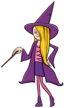 girl in witch costume at Halloween party cartoon illustration