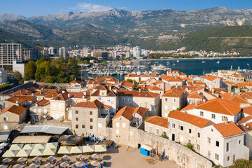 Fototapeta na wymiar Budva. Montenegro. Old town, sea and beach. View from above.