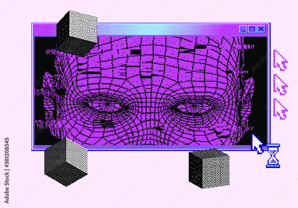 Poster Retrofuturistic poster with human head silhouette and user interface elements. Cover for Artificial Intelligence and Neural Network subjects.