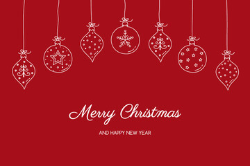 Christmas card with hanging balls and hand drawn decorations. Vector
