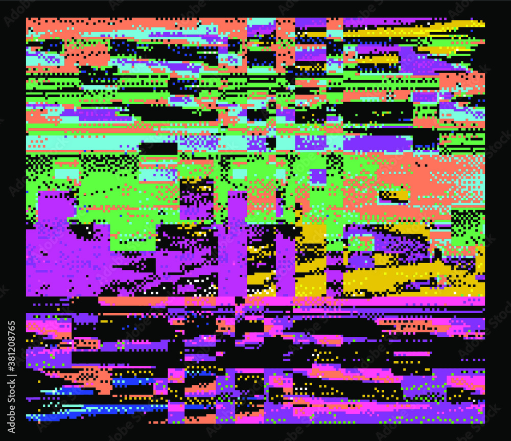 Poster Glitch datamoshing camera effect. Retro VHS background like in old video tape rewind or no signal TV screen. Vaporwave and retrowave style vector illustration.