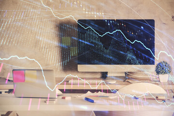 Multi exposure of financial graph drawing and office interior background. Concept of market analysis.