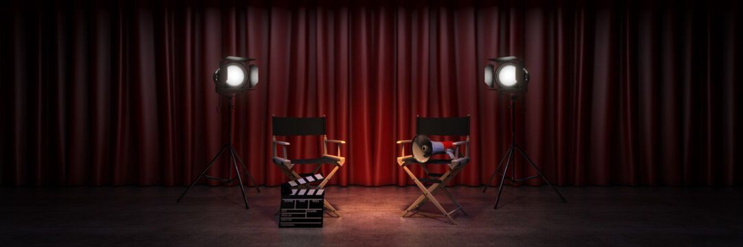 Video, movie, cinema concept. Director's chair and movie clapper. 3d rendering